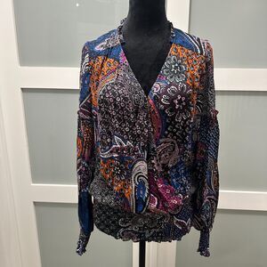 Silk Blend Smocked Paisley Blouse V-Neck Long Sleeve Boho Top Size S by Parker